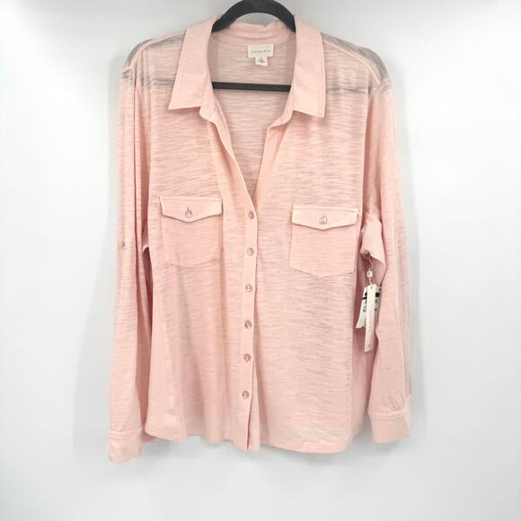 Caslon Long Sleeve Button Up Shirt Chest Pockets Pink Cotton Stretch Top 2X - Picture 1 of 13